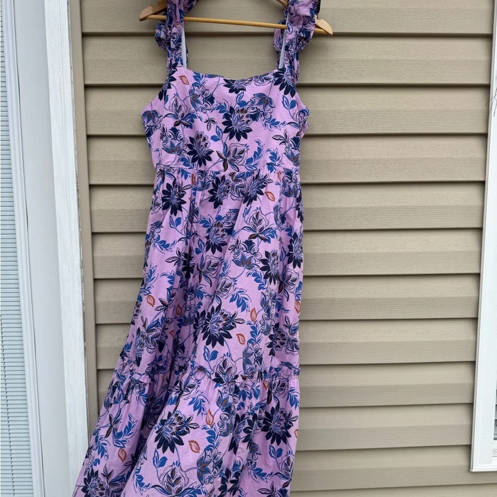 J Crew Square Neck Tiered Floral Pink and Blue Dress